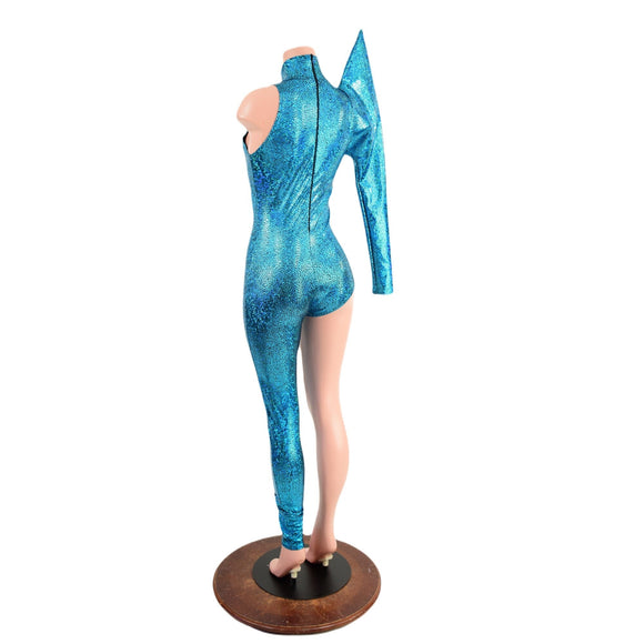 Bowie Inspired Turquoise Catsuit with Bolt and Mega Sharp Shoulder - Coquetry Clothing