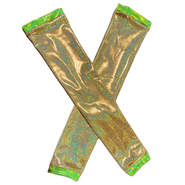 Gold Sparkly Jewel Arm Warmers with Lime Holo Trim - 1