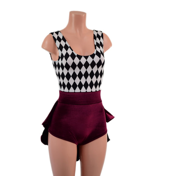 Burgundy Velvet and Diamond Print MINI Tux Back Romper - Coquetry Clothing