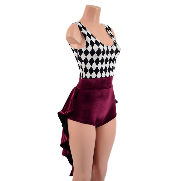 Burgundy Velvet and Diamond Print Tux Back Romper - Coquetry Clothing