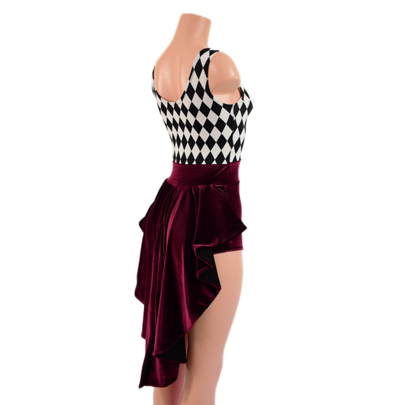 Burgundy Velvet and Diamond Print Tux Back Romper - Coquetry Clothing