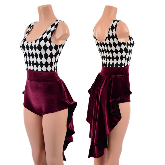 Burgundy Velvet and Diamond Print Tux Back Romper - Coquetry Clothing