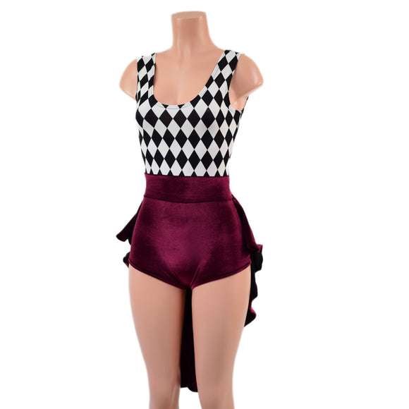 Burgundy Velvet and Diamond Print Tux Back Romper - Coquetry Clothing