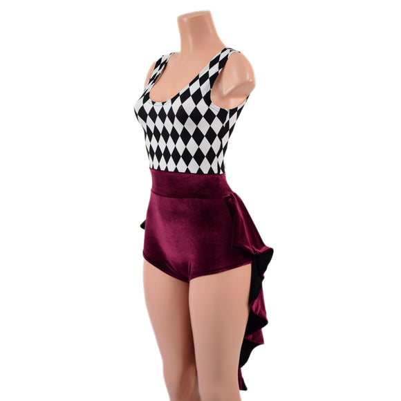 Burgundy Velvet and Diamond Print Tux Back Romper - Coquetry Clothing
