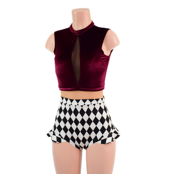 Burgundy Velvet, Diamonds, and Nude Mesh Romper with Inset Keyhole Neckline - Coquetry Clothing