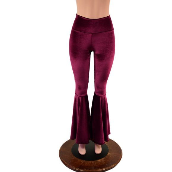 Burgundy Velvet High Waist Bell Bottom Flares - Coquetry Clothing