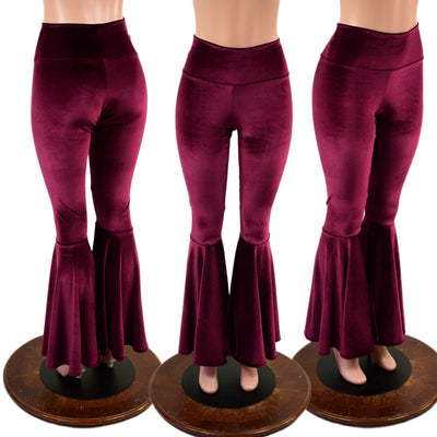 Burgundy Velvet High Waist Bell Bottom Flares - Coquetry Clothing