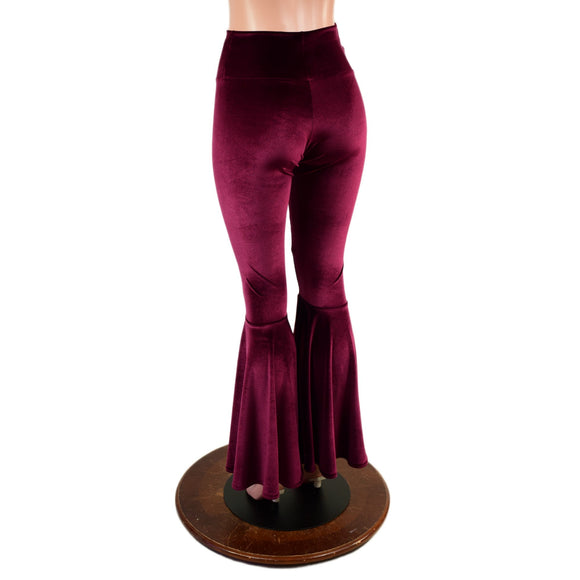 Burgundy Velvet High Waist Bell Bottom Flares - Coquetry Clothing