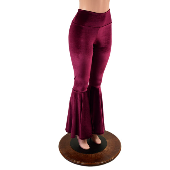 Burgundy Velvet High Waist Bell Bottom Flares - Coquetry Clothing