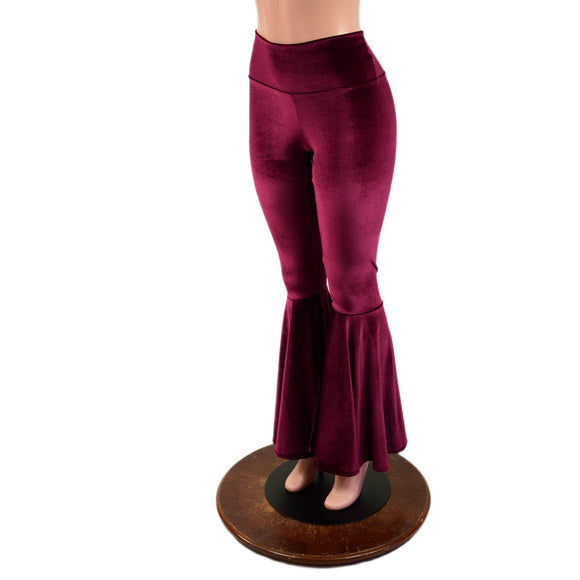Burgundy Velvet High Waist Bell Bottom Flares - Coquetry Clothing