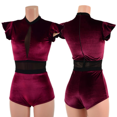 Burgundy Velvet Inset Keyhole & Mesh Romper with Boy Cut Leg - Coquetry Clothing