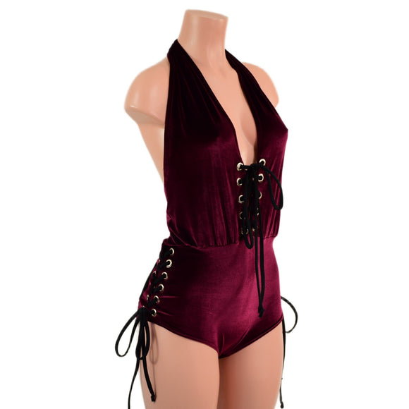 Burgundy Velvet Josie Romper with Hip and Bodice Laceup - Coquetry Clothing