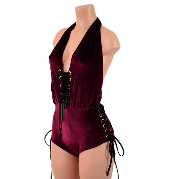 Burgundy Velvet Josie Romper with Hip and Bodice Laceup - Coquetry Clothing