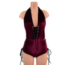 Burgundy Velvet Josie Romper with Hip and Bodice Laceup - Coquetry Clothing