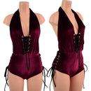 Burgundy Velvet Josie Romper with Hip and Bodice Laceup - Coquetry Clothing
