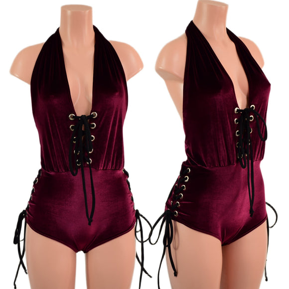 Burgundy Velvet Josie Romper with Hip and Bodice Laceup - Coquetry Clothing