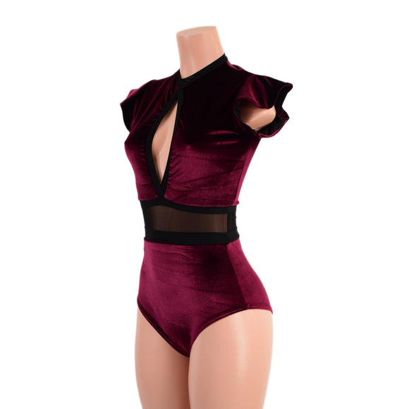 Burgundy Velvet Keyhole & Mesh Romper - Coquetry Clothing