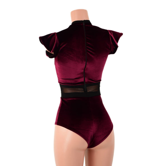 Burgundy Velvet Keyhole & Mesh Romper - Coquetry Clothing