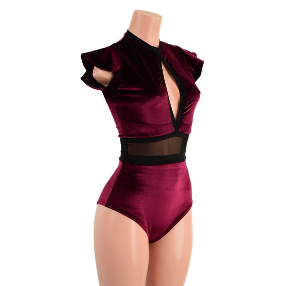 Burgundy Velvet Keyhole & Mesh Romper - Coquetry Clothing