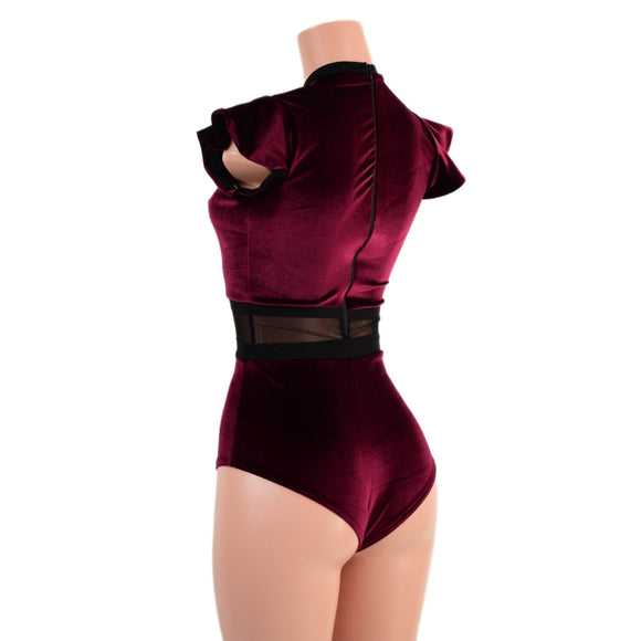 Burgundy Velvet Keyhole & Mesh Romper - Coquetry Clothing