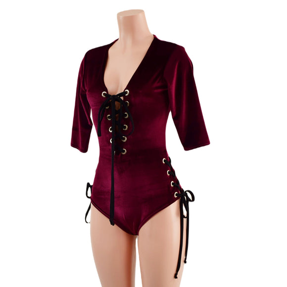 Burgundy Velvet Lace Up Romper - Coquetry Clothing