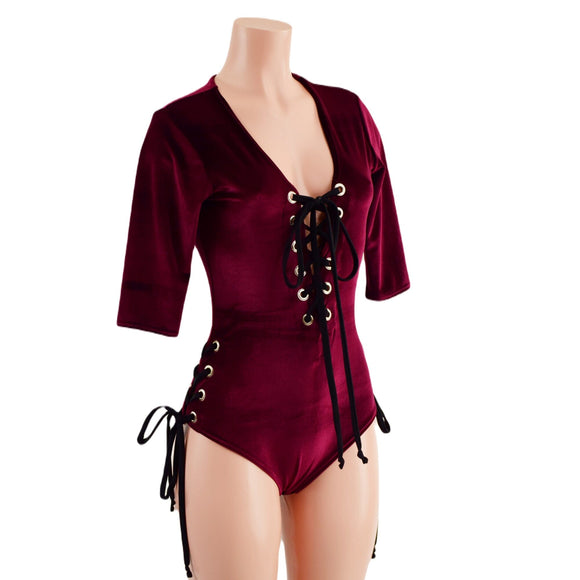 Burgundy Velvet Lace Up Romper - Coquetry Clothing