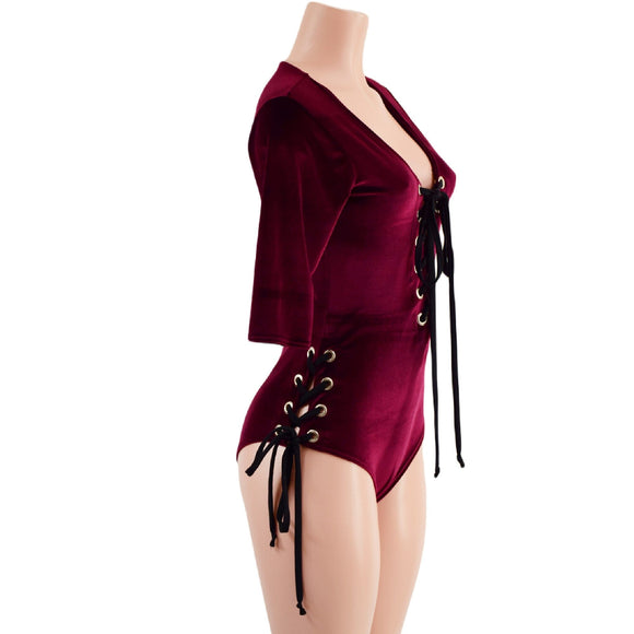 Burgundy Velvet Lace Up Romper - Coquetry Clothing