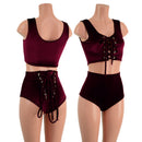 Burgundy Velvet Laceup Mini Crop and BACK laceup Siren Shorts Set - Coquetry Clothing