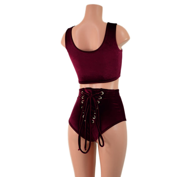 Burgundy Velvet Laceup Mini Crop and BACK laceup Siren Shorts Set - Coquetry Clothing
