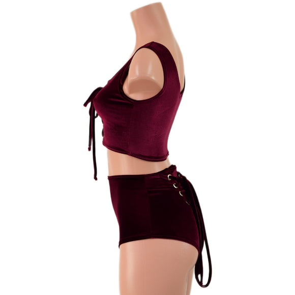 Burgundy Velvet Laceup Mini Crop and BACK laceup Siren Shorts Set - Coquetry Clothing
