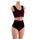 Burgundy Velvet Laceup Mini Crop and BACK laceup Siren Shorts Set - Coquetry Clothing