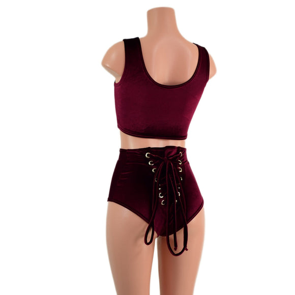 Burgundy Velvet Laceup Mini Crop and BACK laceup Siren Shorts Set - Coquetry Clothing