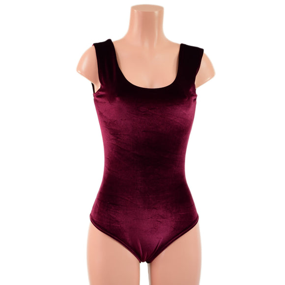 Burgundy Velvet Tank Style Romper with Siren Cut Leg - Coquetry Clothing