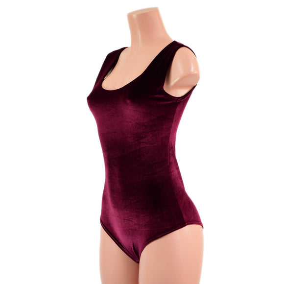 Burgundy Velvet Tank Style Romper with Siren Cut Leg - Coquetry Clothing