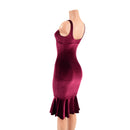 Burgundy Velvet Wiggle Dress with Starlette Neckline and Ruffled Hemline - Coquetry Clothing