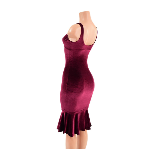 Burgundy Velvet Wiggle Dress with Starlette Neckline and Ruffled Hemline - Coquetry Clothing