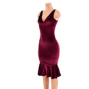 Burgundy Velvet Wiggle Dress with Starlette Neckline and Ruffled Hemline - Coquetry Clothing