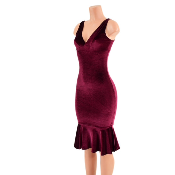 Burgundy Velvet Wiggle Dress with Starlette Neckline and Ruffled Hemline - Coquetry Clothing