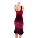 Burgundy Velvet Wiggle Dress with Starlette Neckline and Ruffled Hemline - Coquetry Clothing