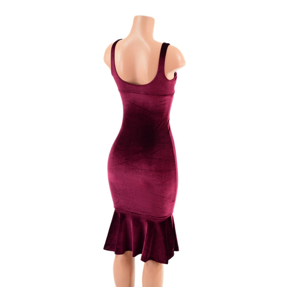 Burgundy Velvet Wiggle Dress with Starlette Neckline and Ruffled Hemline - Coquetry Clothing