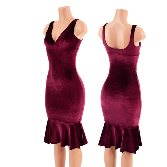 Burgundy Velvet Wiggle Dress with Starlette Neckline and Ruffled Hemline - Coquetry Clothing