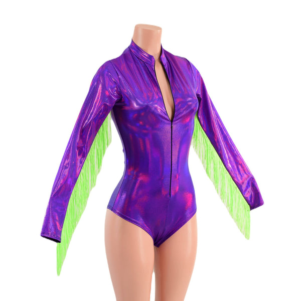 Grape Holographic Stella Romper with Long Sleeves, Neon Green Fringe & Siren Cut Leg - 3