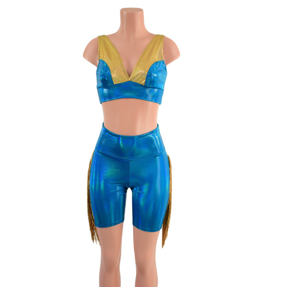 3PC Peacock High Waist Bike Shorts with Fringe, Starlette Bralette and Fringed Bolero - Coquetry Clothing