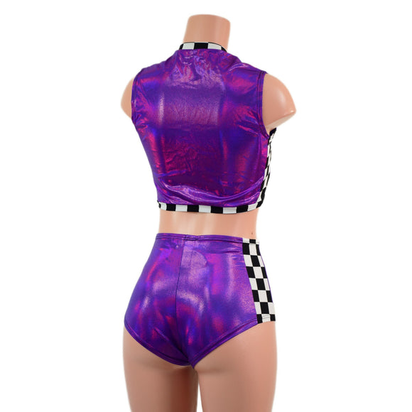 Checkered and Grape Holographic Mini V Neck Crop and Side Panel Siren Shorts Set - Coquetry Clothing