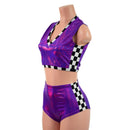 Checkered and Grape Holographic Mini V Neck Crop and Side Panel Siren Shorts Set - Coquetry Clothing