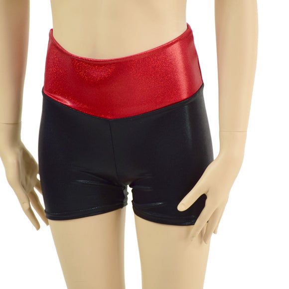 Childrens Black Mystique High Waist Shorts with Red Sparkly Jewel Waistband - Coquetry Clothing