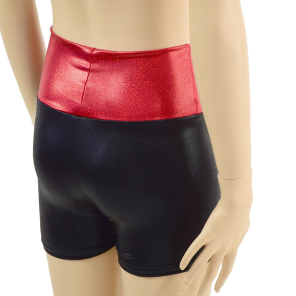 Childrens Black Mystique High Waist Shorts with Red Sparkly Jewel Waistband - Coquetry Clothing