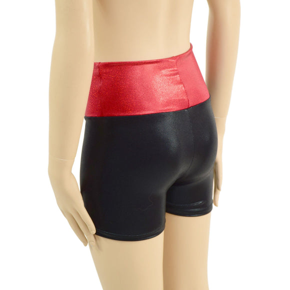 Childrens Black Mystique High Waist Shorts with Red Sparkly Jewel Waistband - Coquetry Clothing