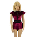 Childrens Burgundy Velvet Romper with Inset Mesh Keyhole Neckline and Mini Tux Tails - Coquetry Clothing