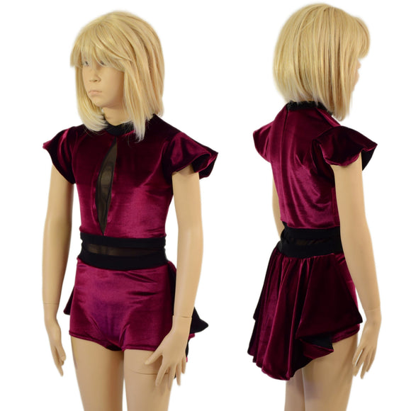 Childrens Burgundy Velvet Romper with Inset Mesh Keyhole Neckline and Mini Tux Tails - Coquetry Clothing